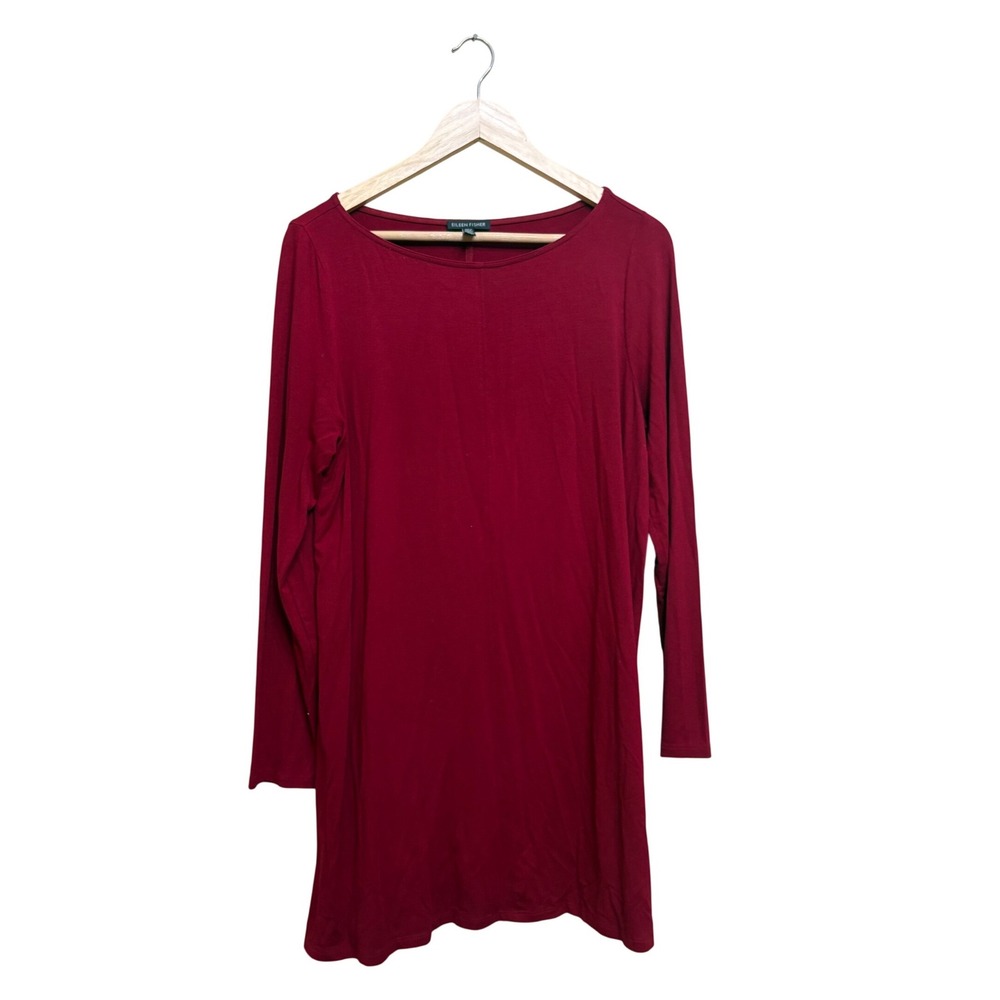 Eileen Fisher Burgundy Viscose Jersey Long Sleeve‎ Tunic Top Boat Neck Large